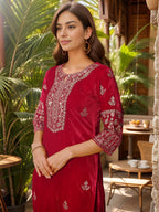 Thread & Sequined Embroidered Velvet Kurta With Pant & Embroidered Dupatta, Pink - Hiral Fashion - Distacart