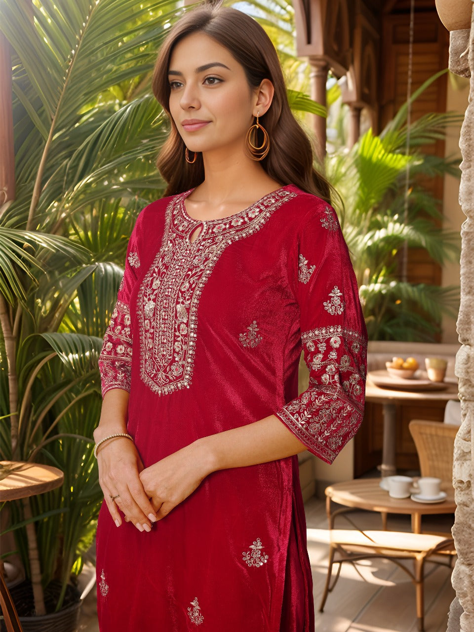 Thread & Sequined Embroidered Velvet Kurta With Pant & Embroidered Dupatta, Pink - Hiral Fashion - Distacart