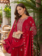 Thread & Sequined Embroidered Velvet Kurta With Pant & Embroidered Dupatta, Pink - Hiral Fashion - Distacart