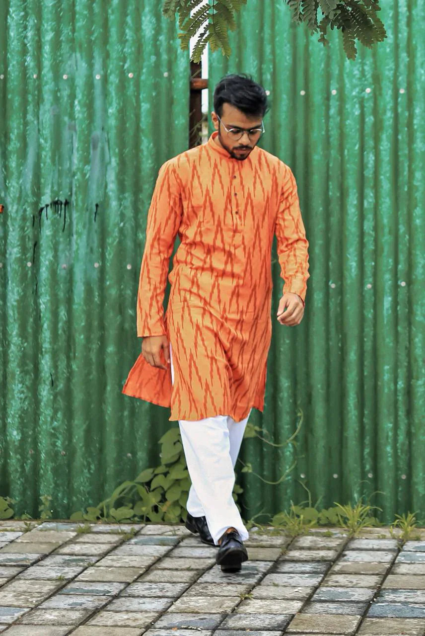 Jompers Men's Orange Printed Kurta Only
