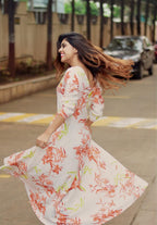 Jompers Women White & Orange Floral Printed Rayon Flared Kurta - Distacart