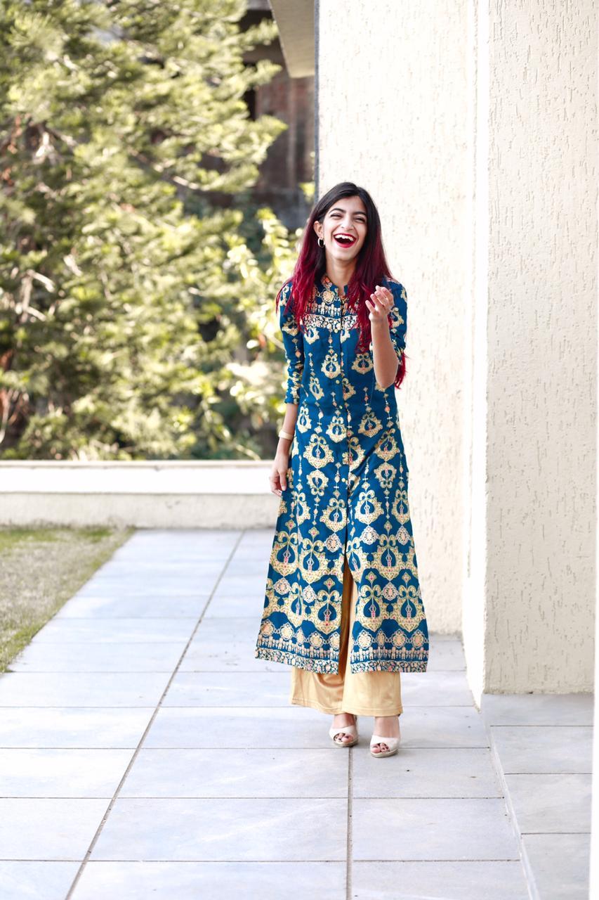 Jompers Women Teal Blue & Fluorescent Green Printed Straight Kurta - Distacart