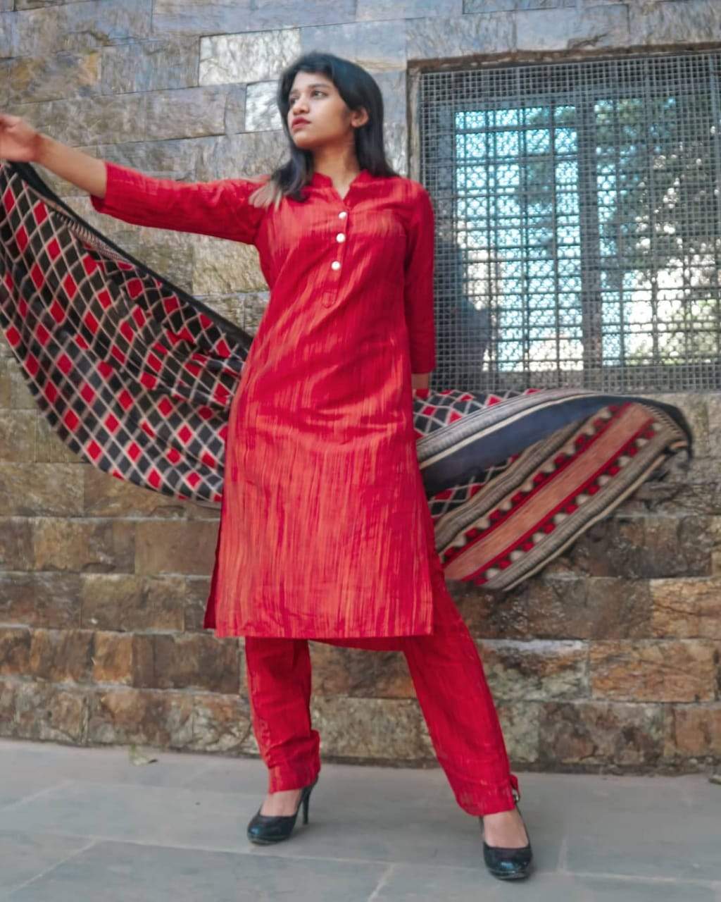 Jompers Women Red & Black Self-Striped Kurta with Trousers & Dupatta - Distacart