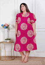 Miravan Plus Size Womens Pink Printed Collar Neck Short Puff Sleeves Cotton A-Line Maxi Dress - Distacart