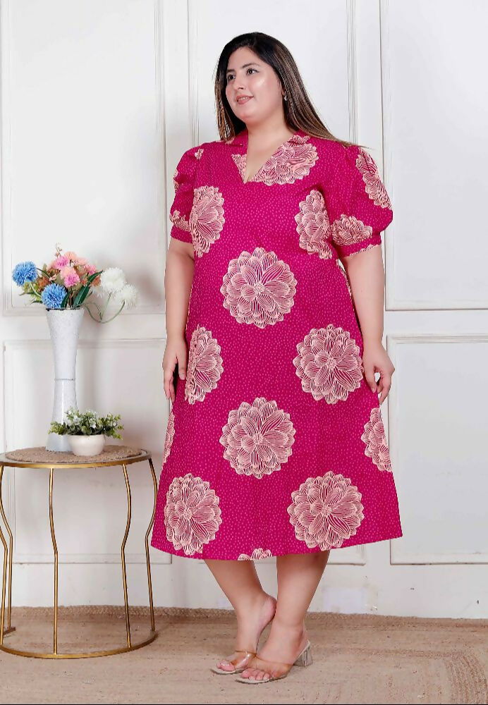 Miravan Plus Size Womens Pink Printed Collar Neck Short Puff Sleeves Cotton A-Line Maxi Dress - Distacart