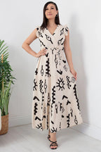 Pimu V-Neck Maxi Dress with White Graphic Print