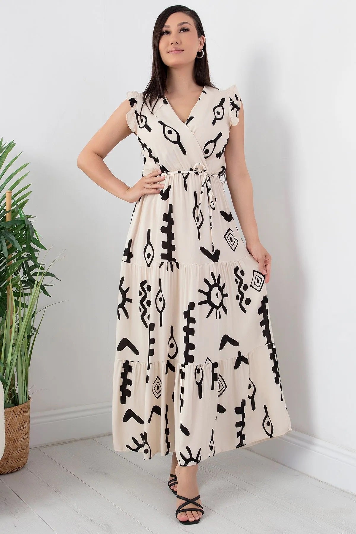 Pimu V-Neck Maxi Dress with White Graphic Print