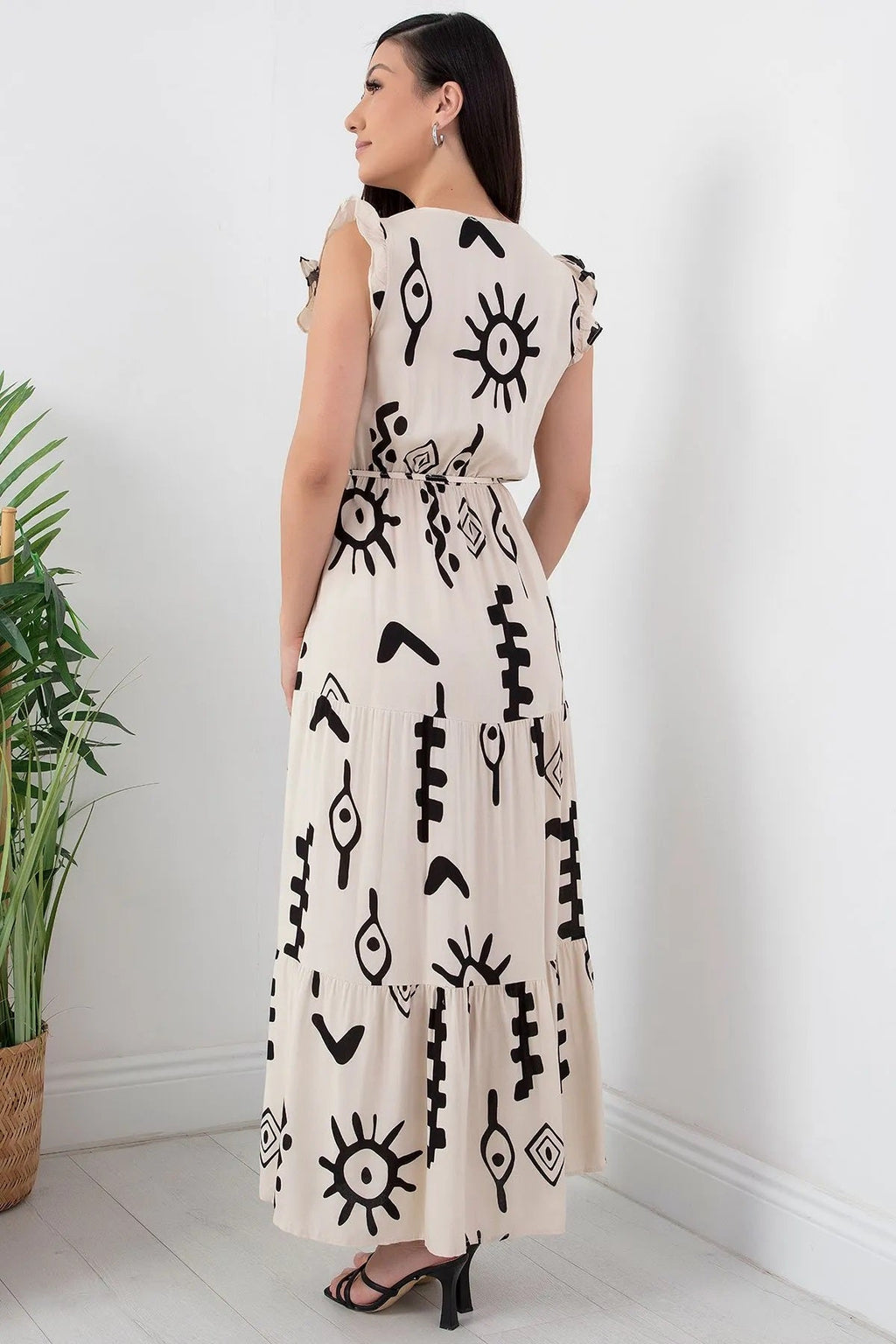 Pimu V-Neck Maxi Dress with White Graphic Print