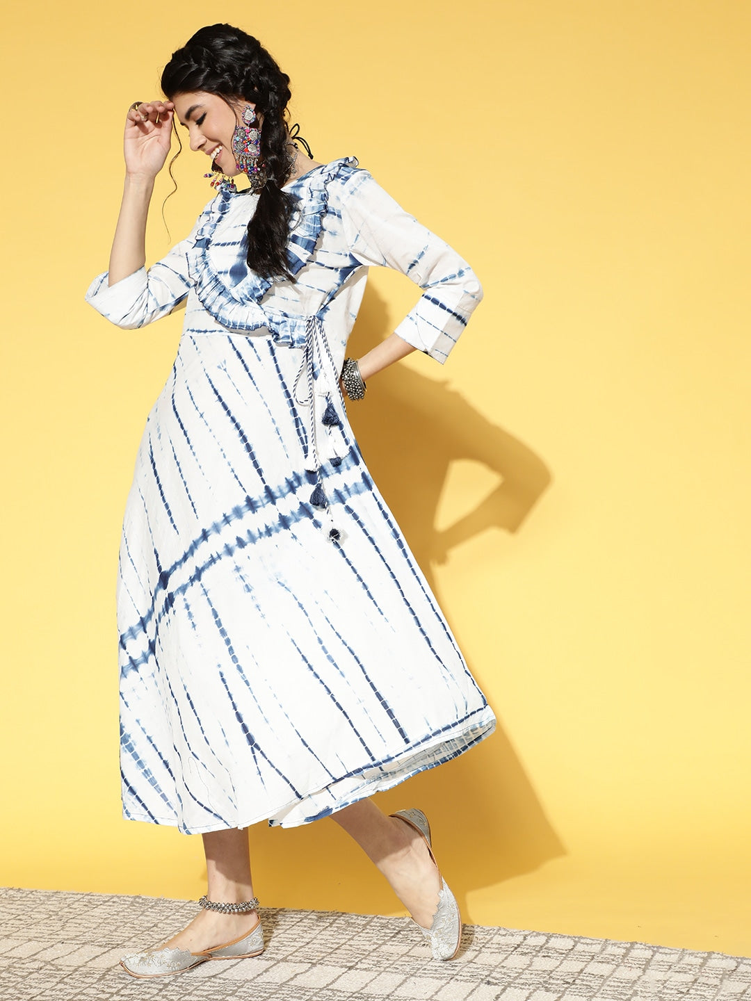Yufta White & Blue Tie-Dyed Dress - Distacart