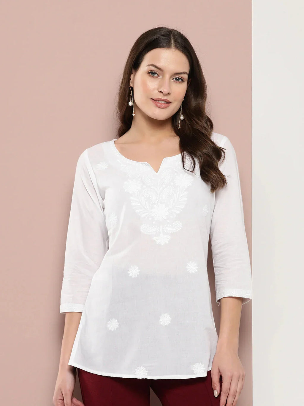 Yufta White Floral Chikankari Embroidered Pure Cotton Top