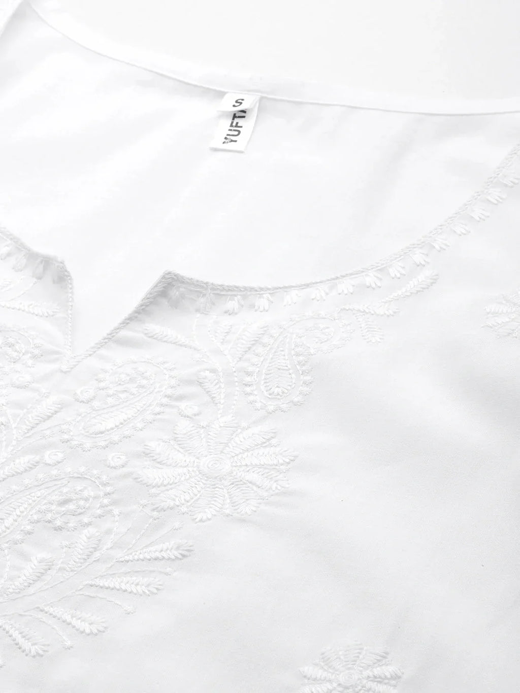 Yufta White Floral Chikankari Embroidered Pure Cotton Top