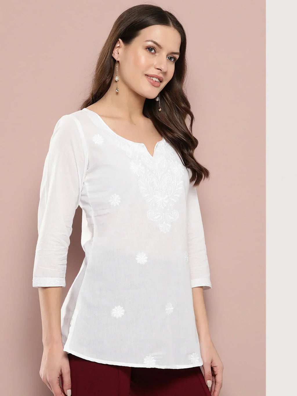 Yufta White Floral Chikankari Embroidered Pure Cotton Top