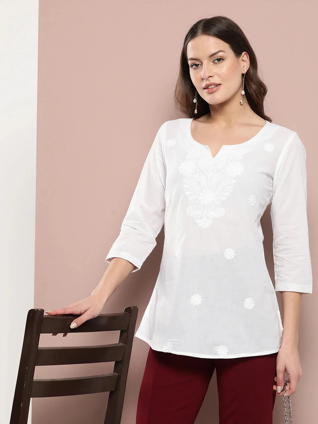Yufta White Floral Chikankari Embroidered Pure Cotton Top