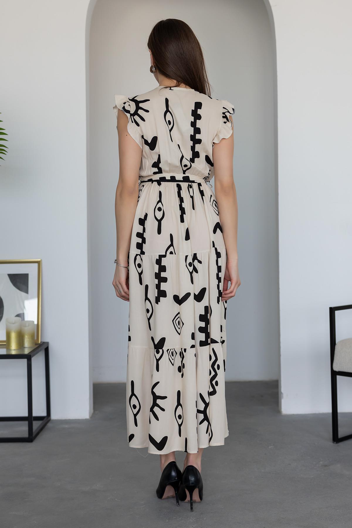 Pimu V-Neck Maxi Dress with White Graphic Print
