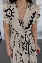 Pimu V-Neck Maxi Dress with White Graphic Print