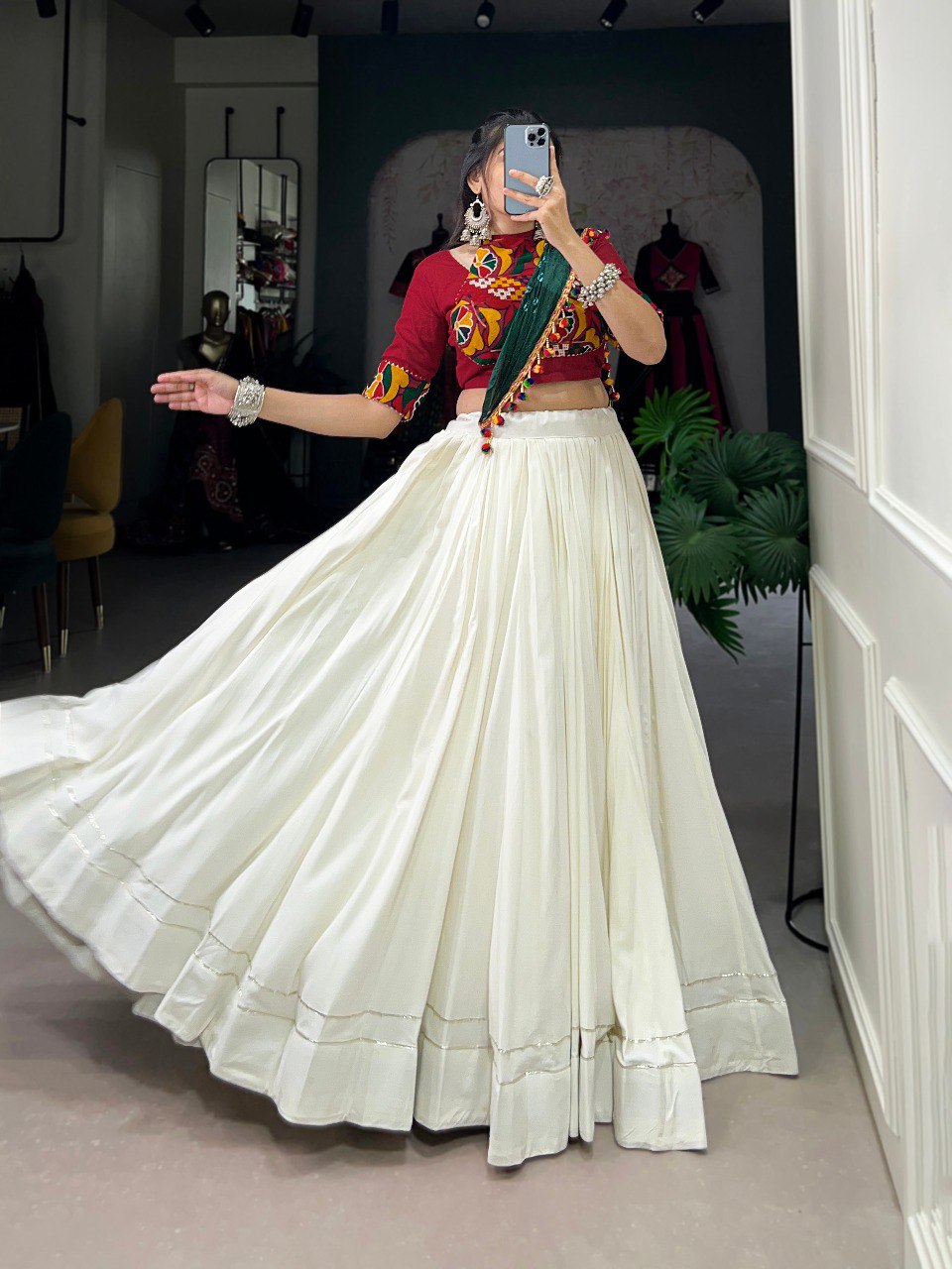 Lorenvalley White Pure Rayon Plain With Gota Patti Touch Up Lehenga Choli with Dupatta