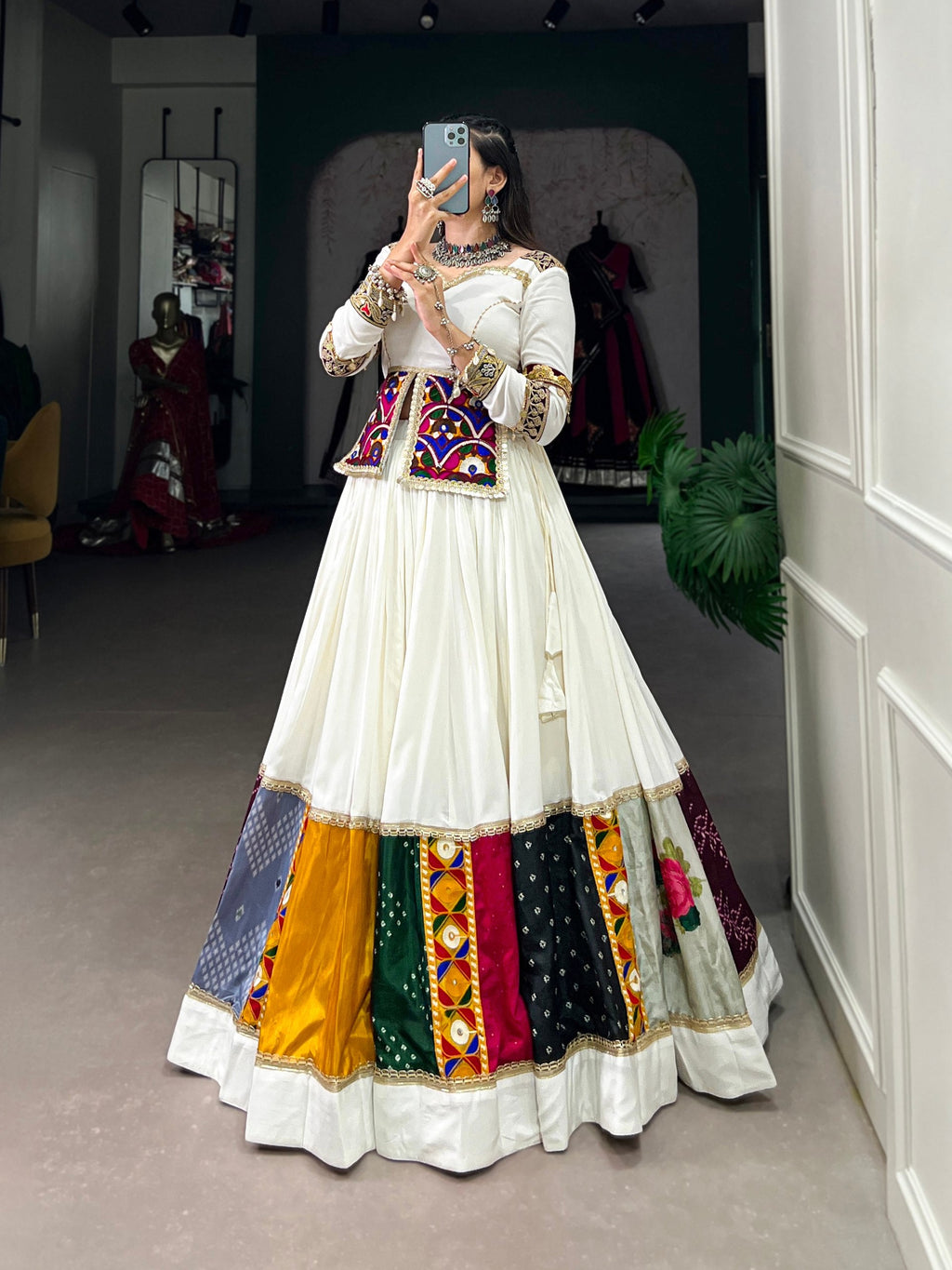 Lorenvalley White Rayon Plain With Embroidery And Gamthi Patch Work Lehenga Choli
