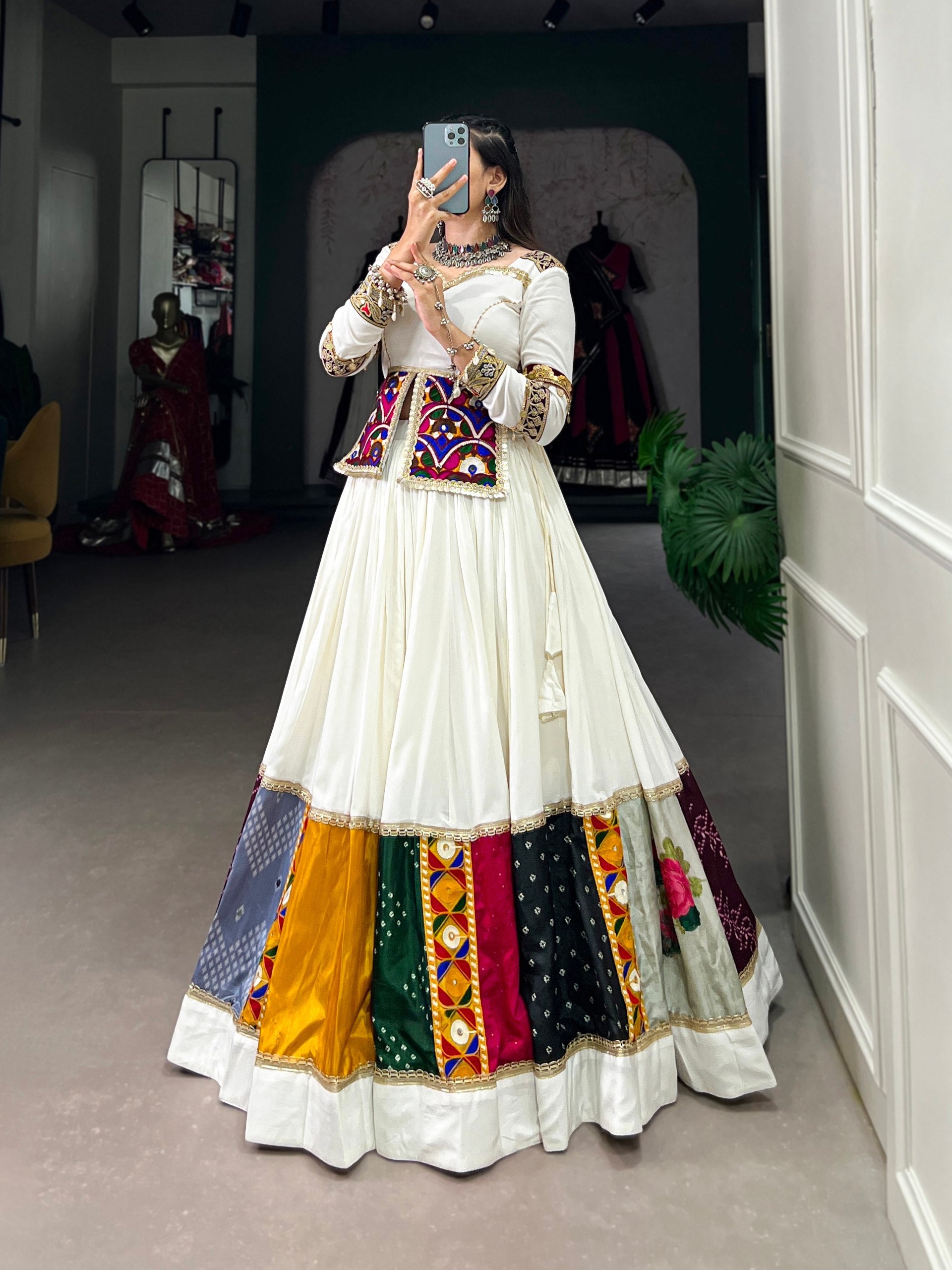 Lorenvalley White Rayon Plain With Embroidery And Gamthi Patch Work Lehenga Choli