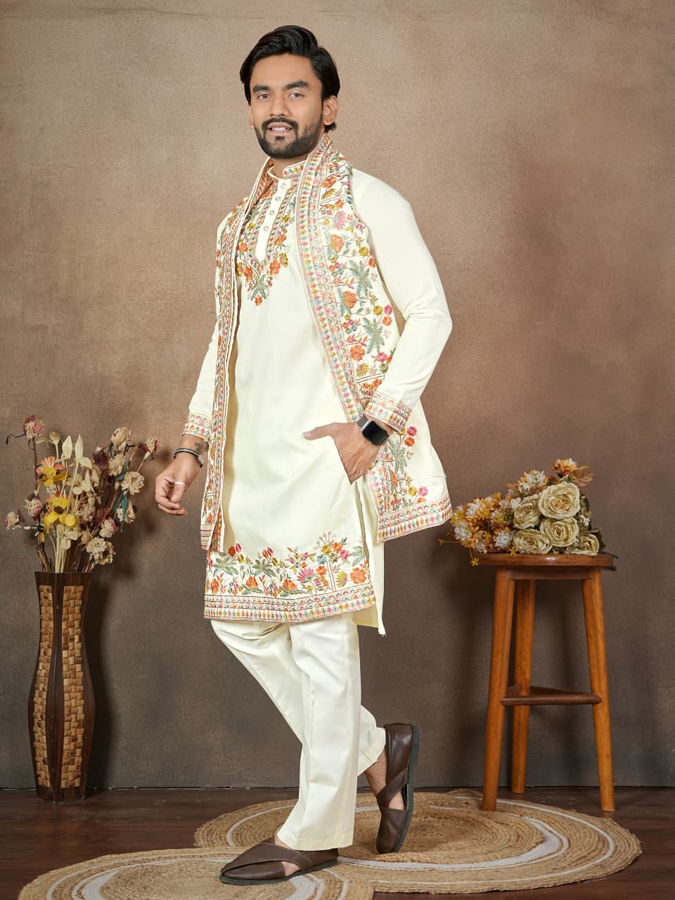 Anaita White Embroidery & Sequence Work Silk Straight Kurta Set