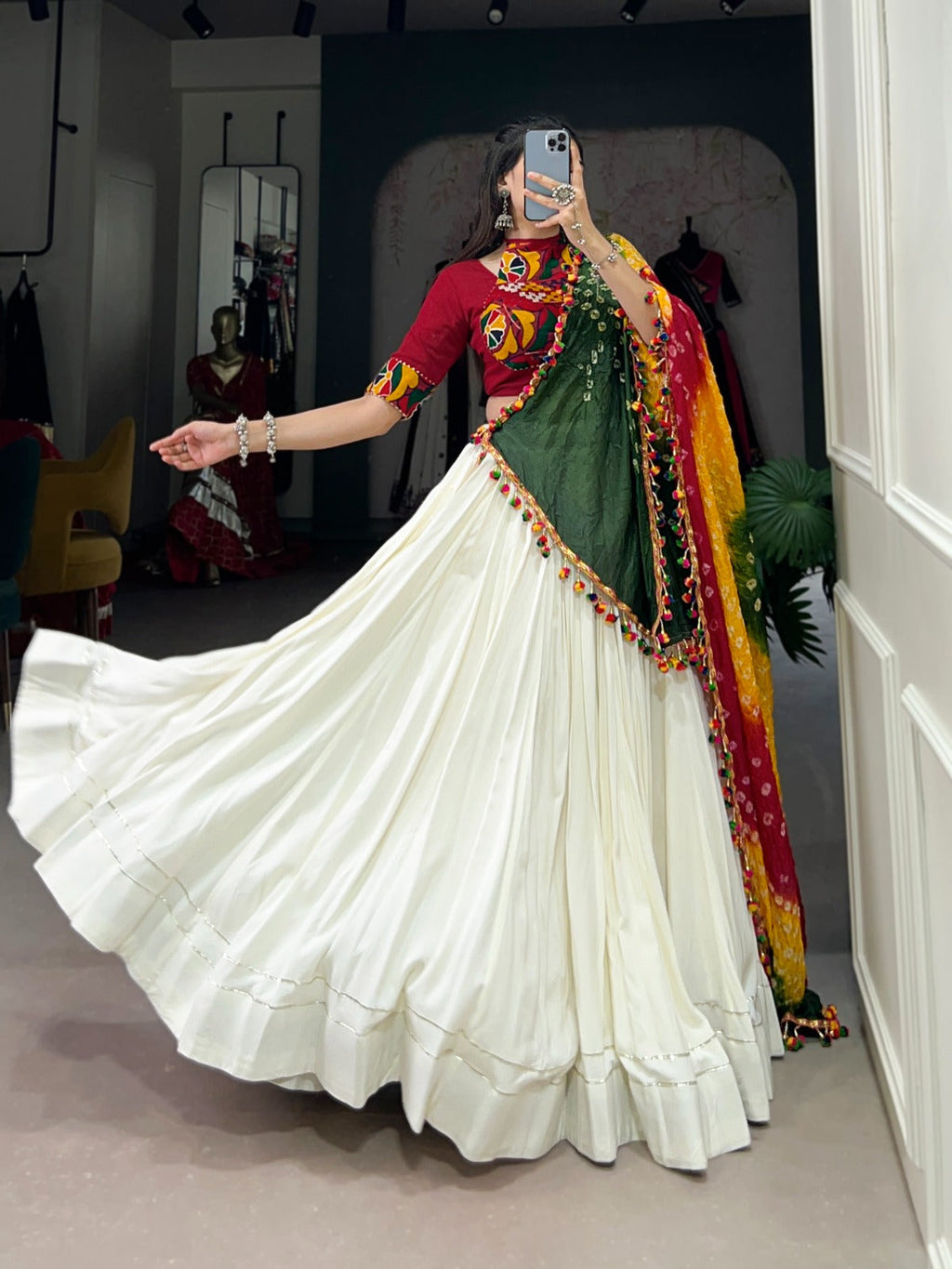 Lorenvalley White Pure Rayon with Plain With Gota Patti Touch Up Lehenga Choli