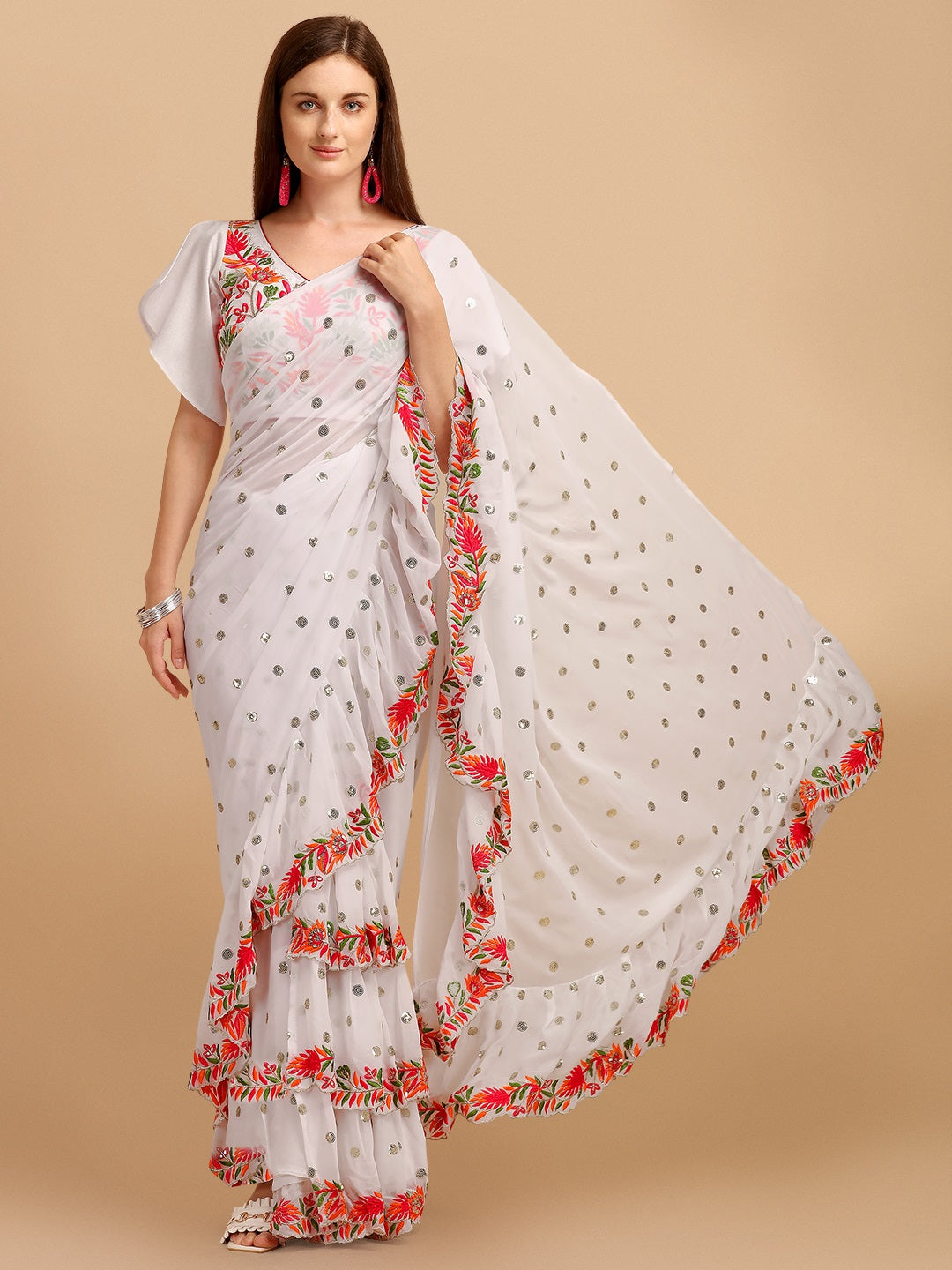Evanik White Embroidered Work Ruffled Saree With Unstitched Blouse - Distacart