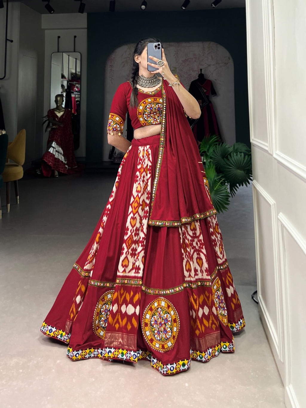 Lorenvalley White Rayon and Printed Silk with Plain And Printed With Original Mirror Gamthi Work And Gamthi Patch Work Lehenga Choli