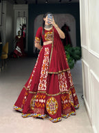Lorenvalley White Rayon and Printed Silk with Plain And Printed With Original Mirror Gamthi Work And Gamthi Patch Work Lehenga Choli