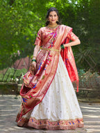 Lorenvalley White Jacquard Silk Paithani Weaving Zari Lehenga Choli with Dupatta