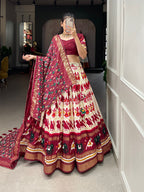Lorenvalley White Tussar Silk Patola Print With Foil Work Lehenga Choli