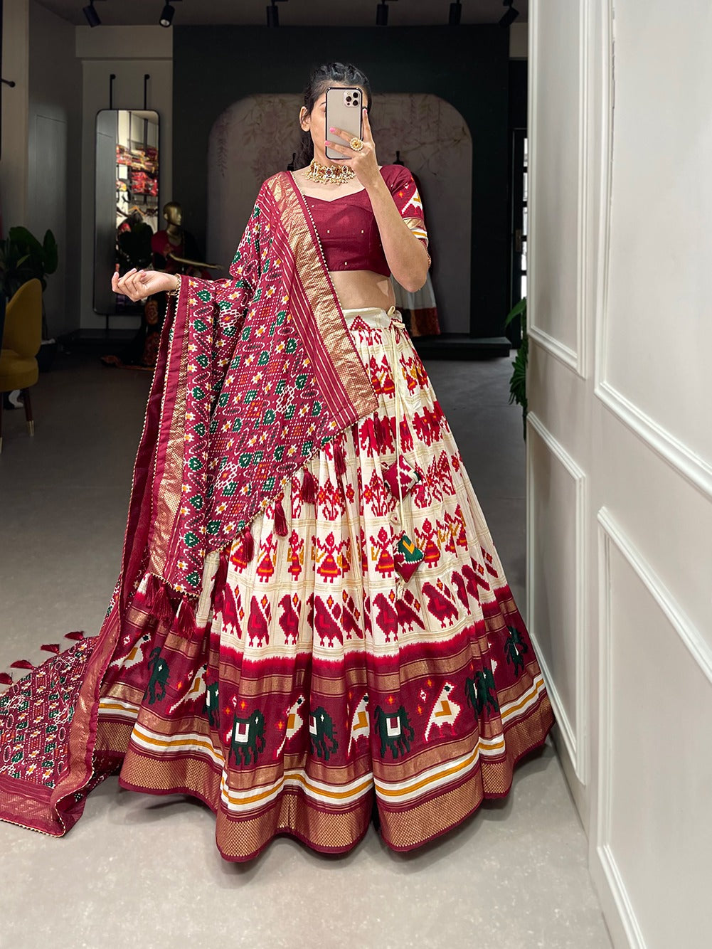 Lorenvalley White Tussar Silk Patola Print With Foil Work Lehenga Choli