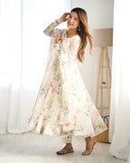 Lorenvalley White Soft Organza Silk With Floral Print Fully Flared Anarkali Pant With Dupatta Set - Distacart