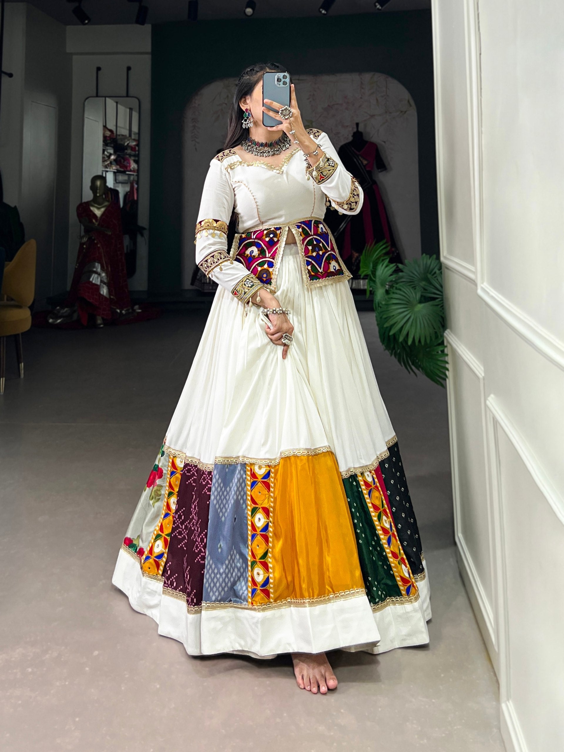 Lorenvalley White Rayon Plain With Embroidery And Gamthi Patch Work Lehenga Choli