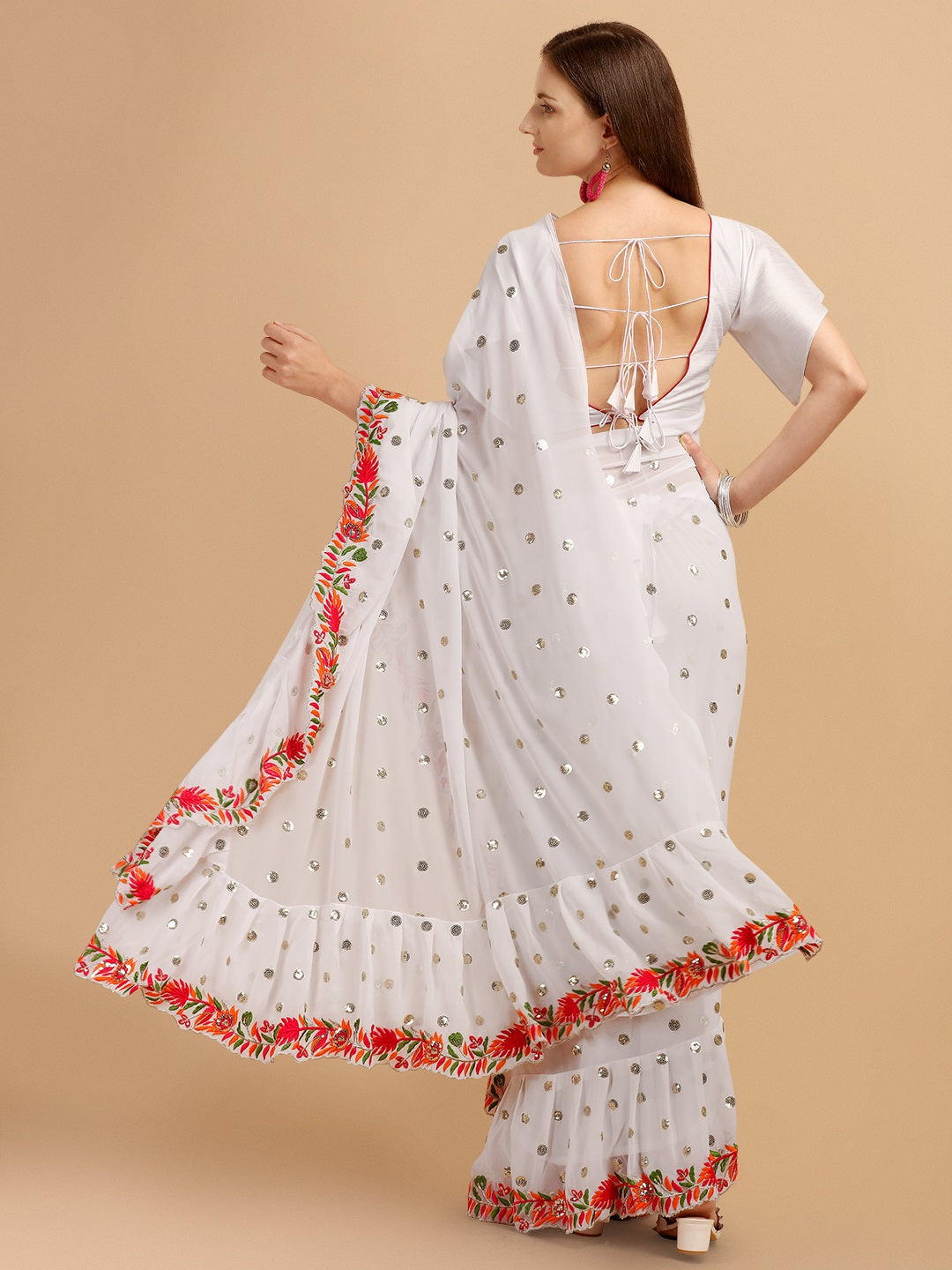 Evanik White Embroidered Work Ruffled Saree With Unstitched Blouse - Distacart