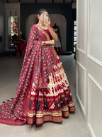 Lorenvalley White Tussar Silk Patola Print With Foil Work Lehenga Choli