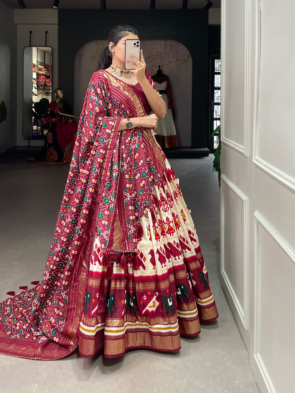 Lorenvalley White Tussar Silk Patola Print With Foil Work Lehenga Choli