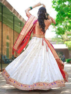 Lorenvalley White Jacquard Silk Paithani Weaving Zari Lehenga Choli with Dupatta