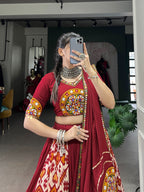Lorenvalley White Rayon and Printed Silk with Plain And Printed With Original Mirror Gamthi Work And Gamthi Patch Work Lehenga Choli