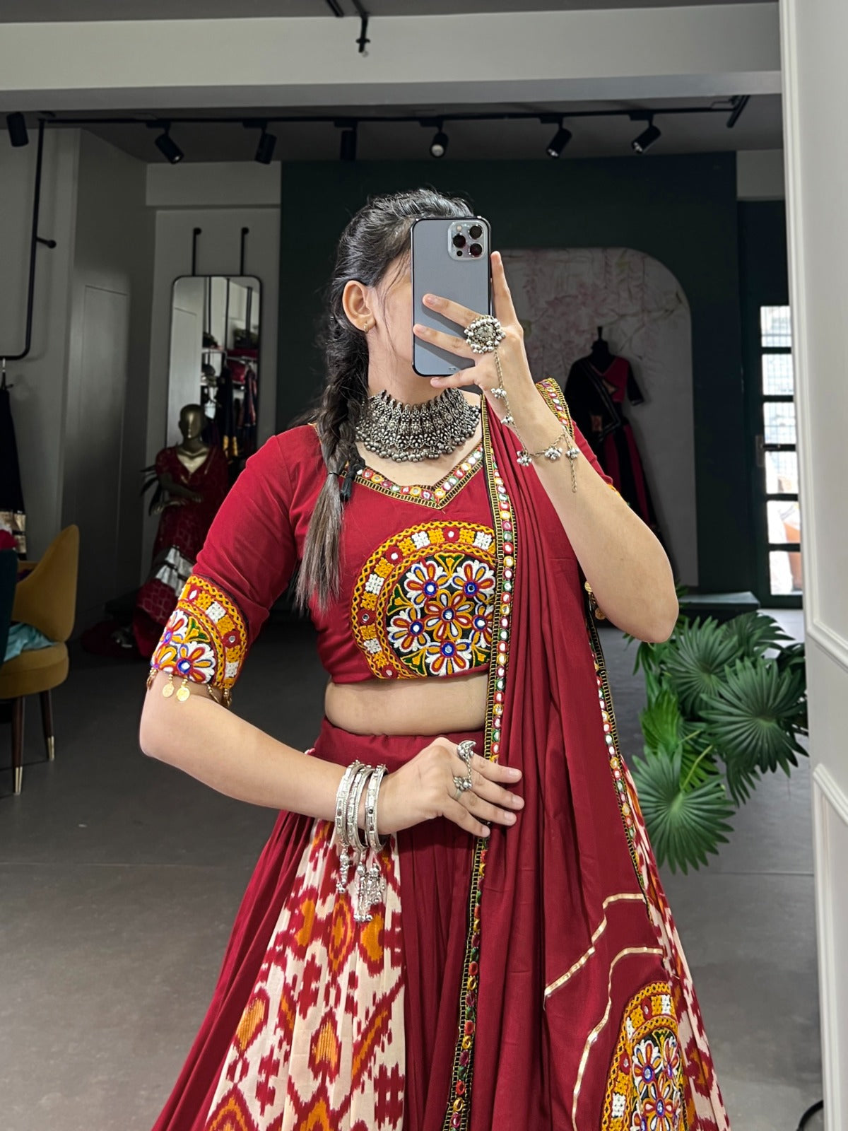 Lorenvalley White Rayon and Printed Silk with Plain And Printed With Original Mirror Gamthi Work And Gamthi Patch Work Lehenga Choli