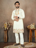 Anaita White Embroidery & Sequence Work Silk Straight Kurta Set