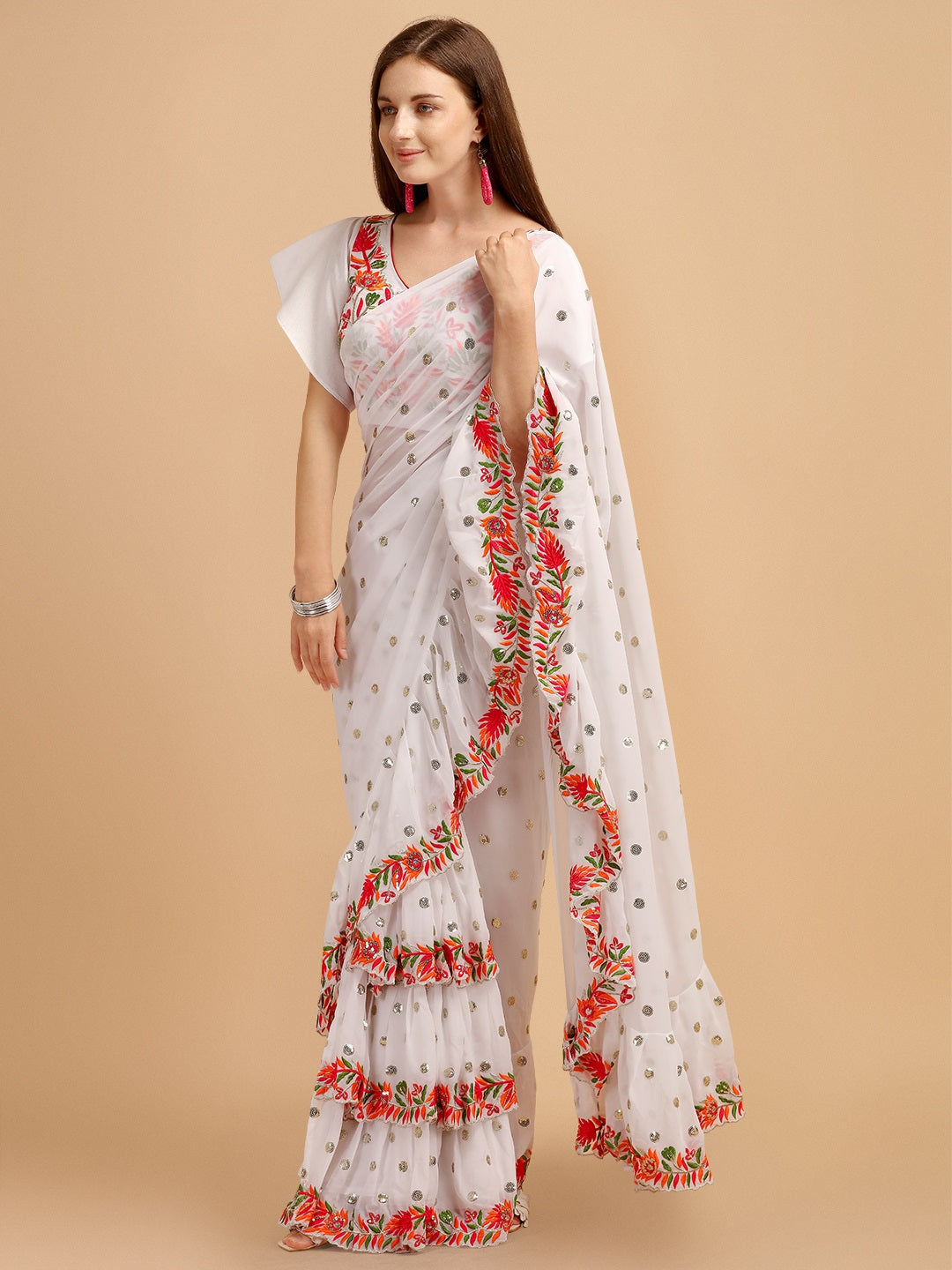 Evanik White Embroidered Work Ruffled Saree With Unstitched Blouse - Distacart