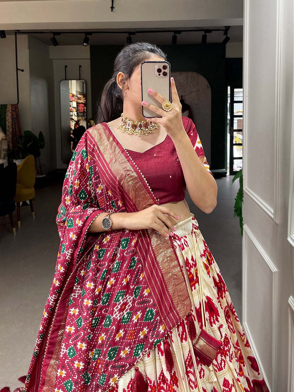 Lorenvalley White Tussar Silk Patola Print With Foil Work Lehenga Choli
