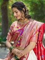 Lorenvalley White Jacquard Silk Paithani Weaving Zari Lehenga Choli with Dupatta