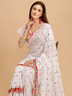 Evanik White Embroidered Work Ruffled Saree With Unstitched Blouse - Distacart