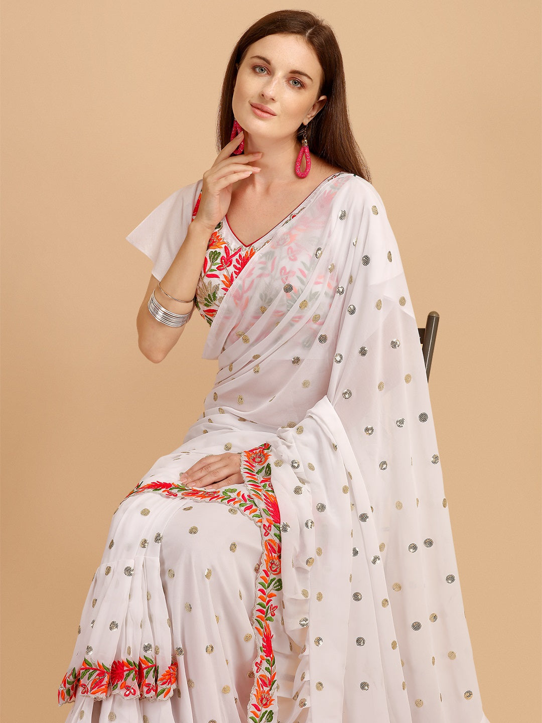 Evanik White Embroidered Work Ruffled Saree With Unstitched Blouse - Distacart