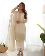 Lorenvalley Chinon Silk Embroidery Sequence zari work Kurta Pant with Dupatta Set - White