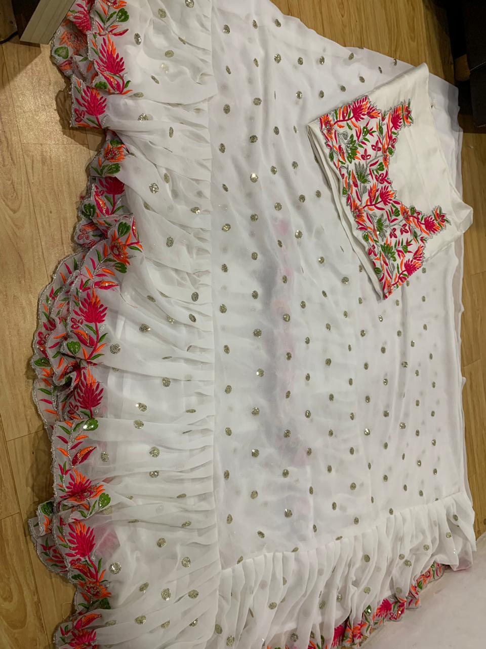 Evanik White Embroidered Work Ruffled Saree With Unstitched Blouse - Distacart
