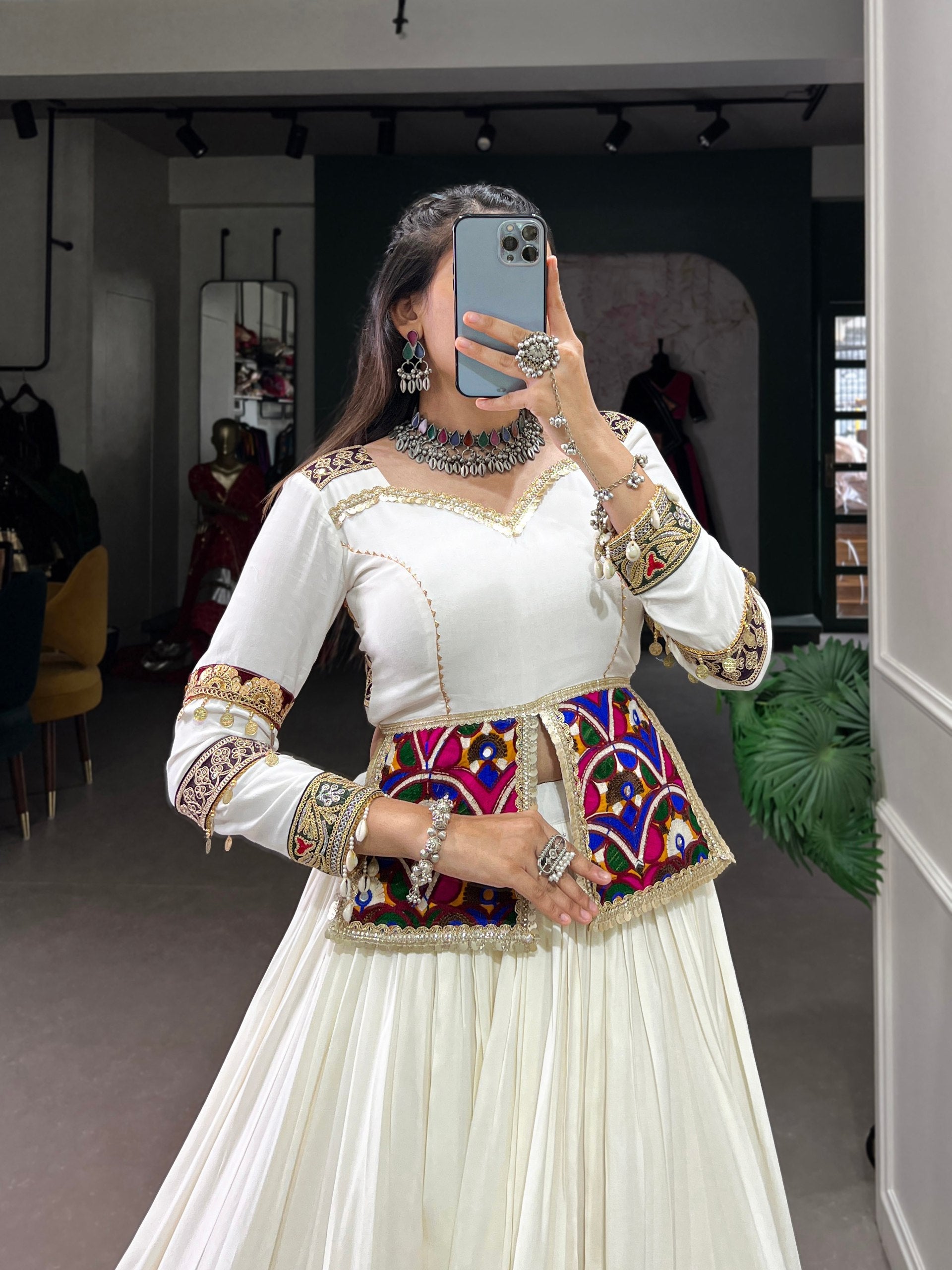 Lorenvalley White Rayon Plain With Embroidery And Gamthi Patch Work Lehenga Choli