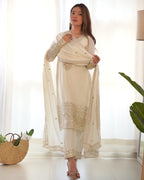 Lorenvalley Chinon Silk Embroidery Sequence zari work Kurta Pant with Dupatta Set - White