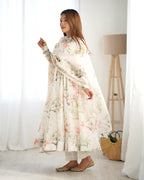 Lorenvalley White Soft Organza Silk With Floral Print Fully Flared Anarkali Pant With Dupatta Set - Distacart