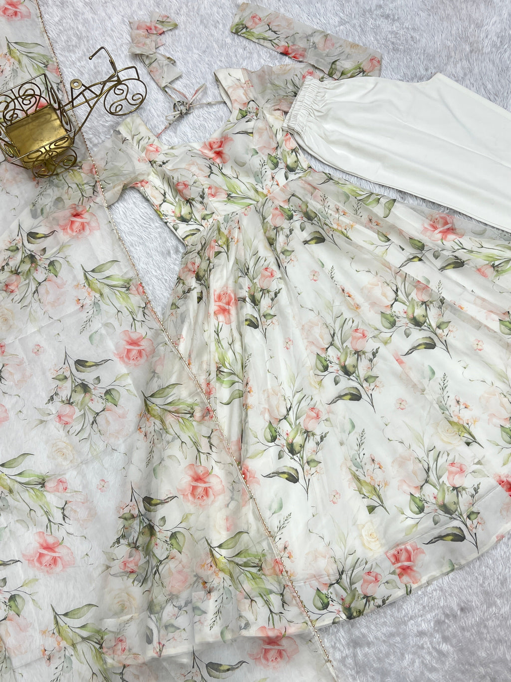 Lorenvalley White Soft Organza Silk With Floral Print Fully Flared Anarkali Pant With Dupatta Set - Distacart